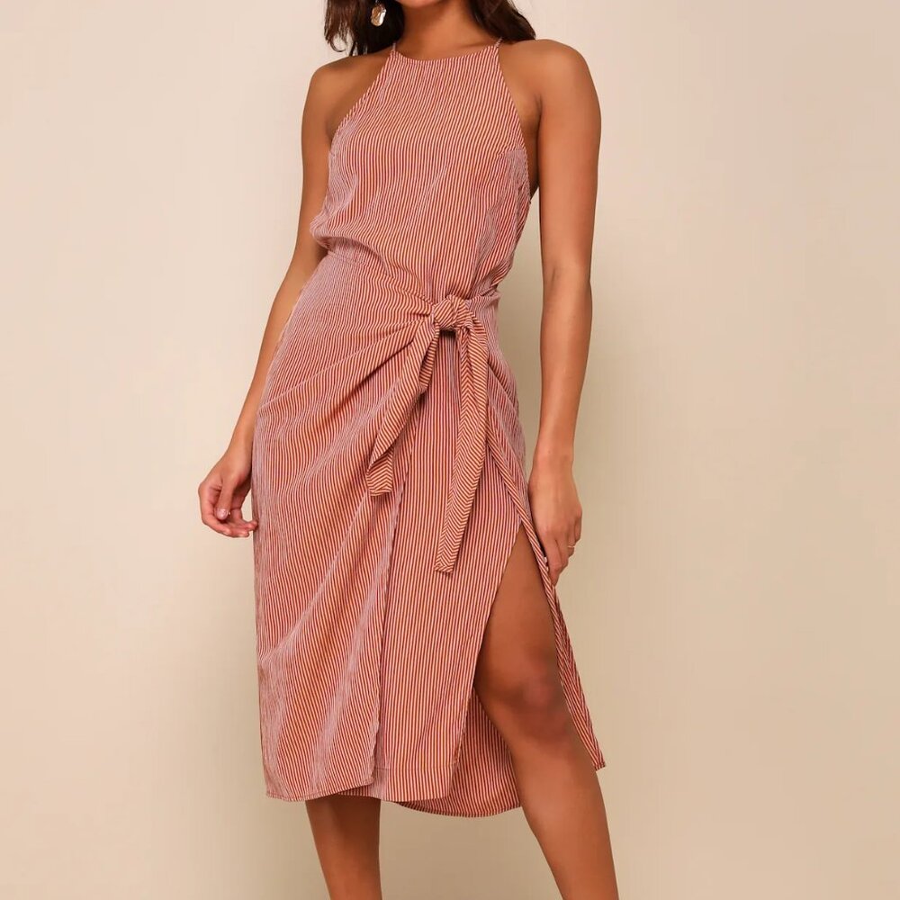Lulu's Rust Stripe Halter Midi Dress